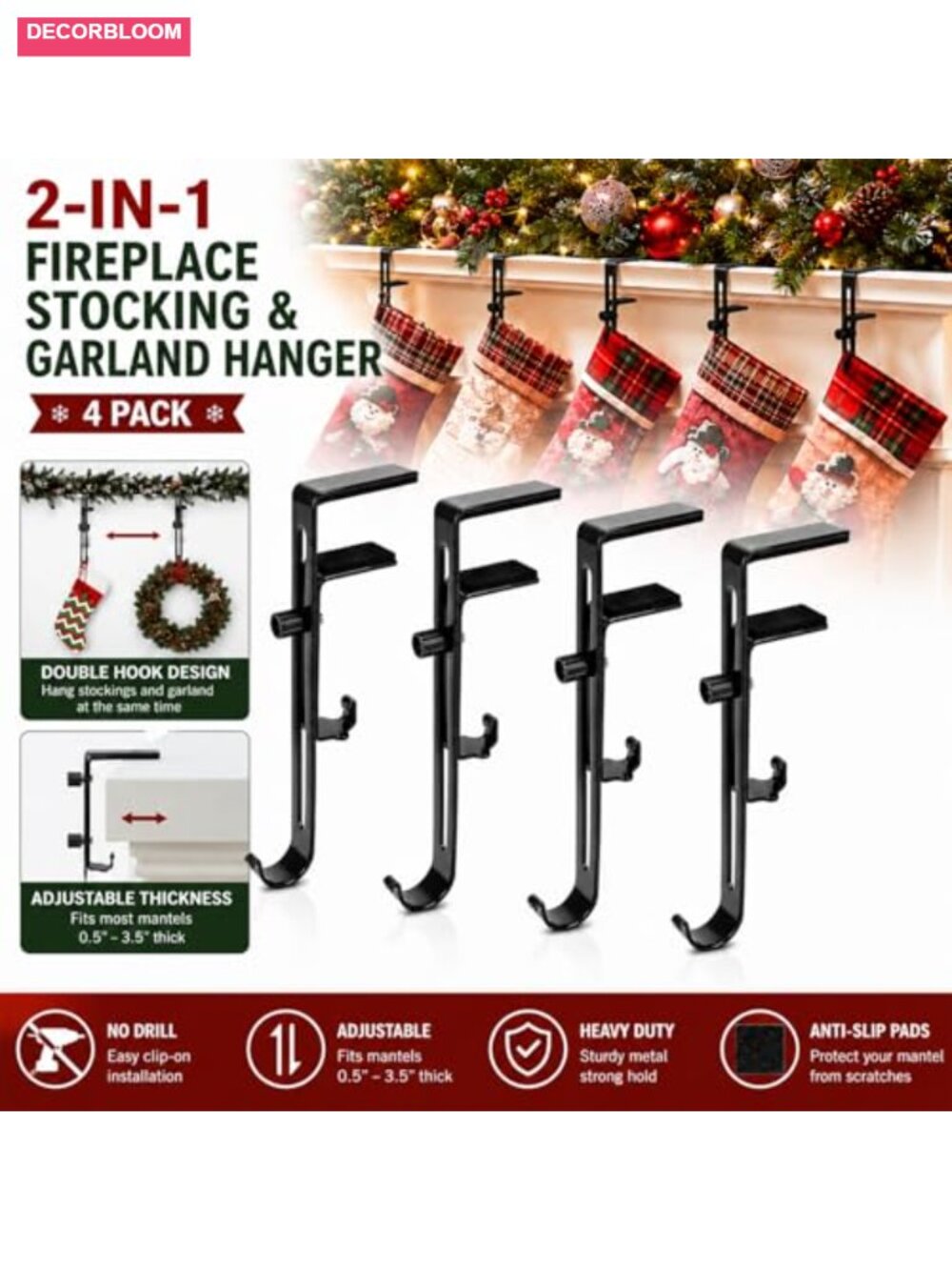 4 Pack Christmas Stocking Holders Mantle Hooks Adjustable Metal Garland Hanger - Picture 2 of 5